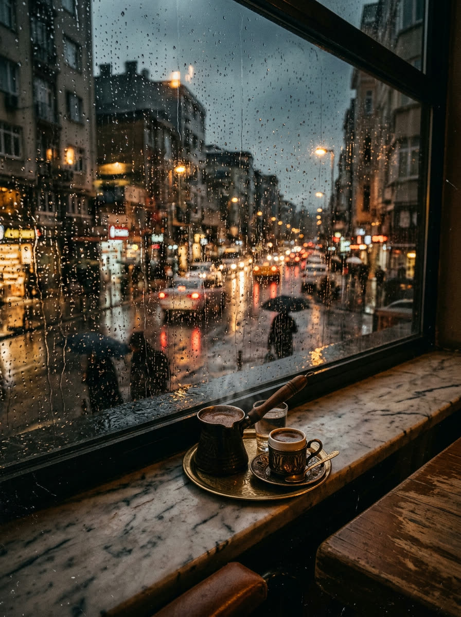 Yağmurlu cam kenarı kahve