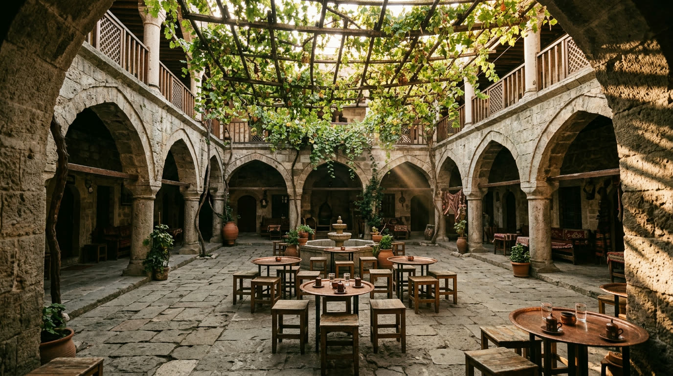 Tarihi han avlusunda gizli kafe